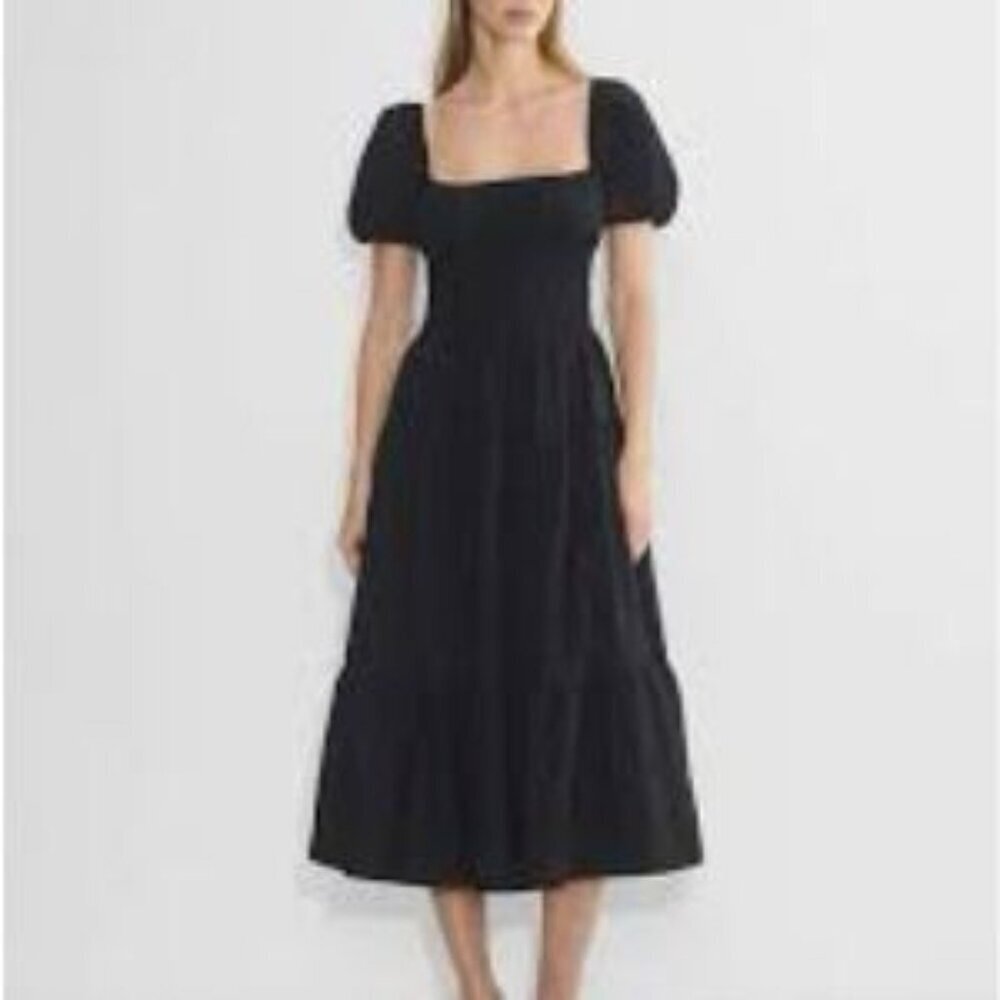 OAK + FORT Black Midi Dress with Puff Sleeves Ruffle Hem Size XS Women's